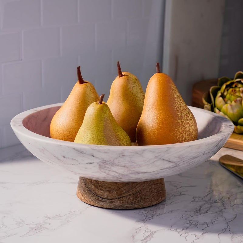 Cork & Mill Marble Decorative Bowl for Home Decor - Handcrafted Natural Stone with Acacia Wood Pedestal - Versatile 11" Catch All for Entryway, Kitchen Fruit Bowl, Potpourri, Dining Table Centerpiece - Image 2